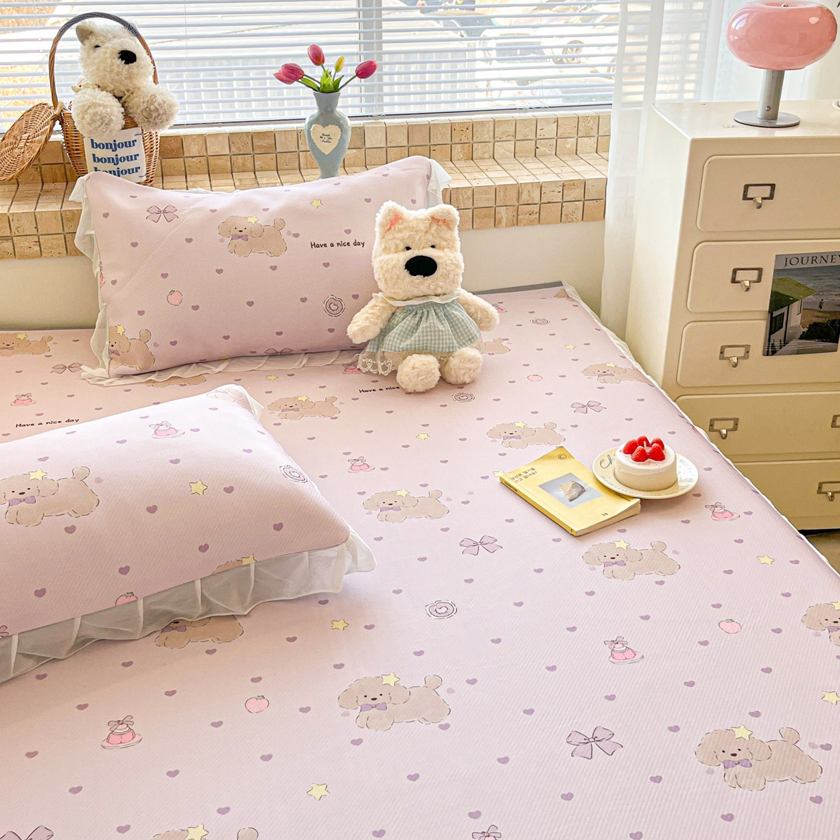 91家纺网 家纺一手货源 找家纺 川悦生活 2026新款雪纺冰丝床裙凉席三件套 床裙奶芋茶派