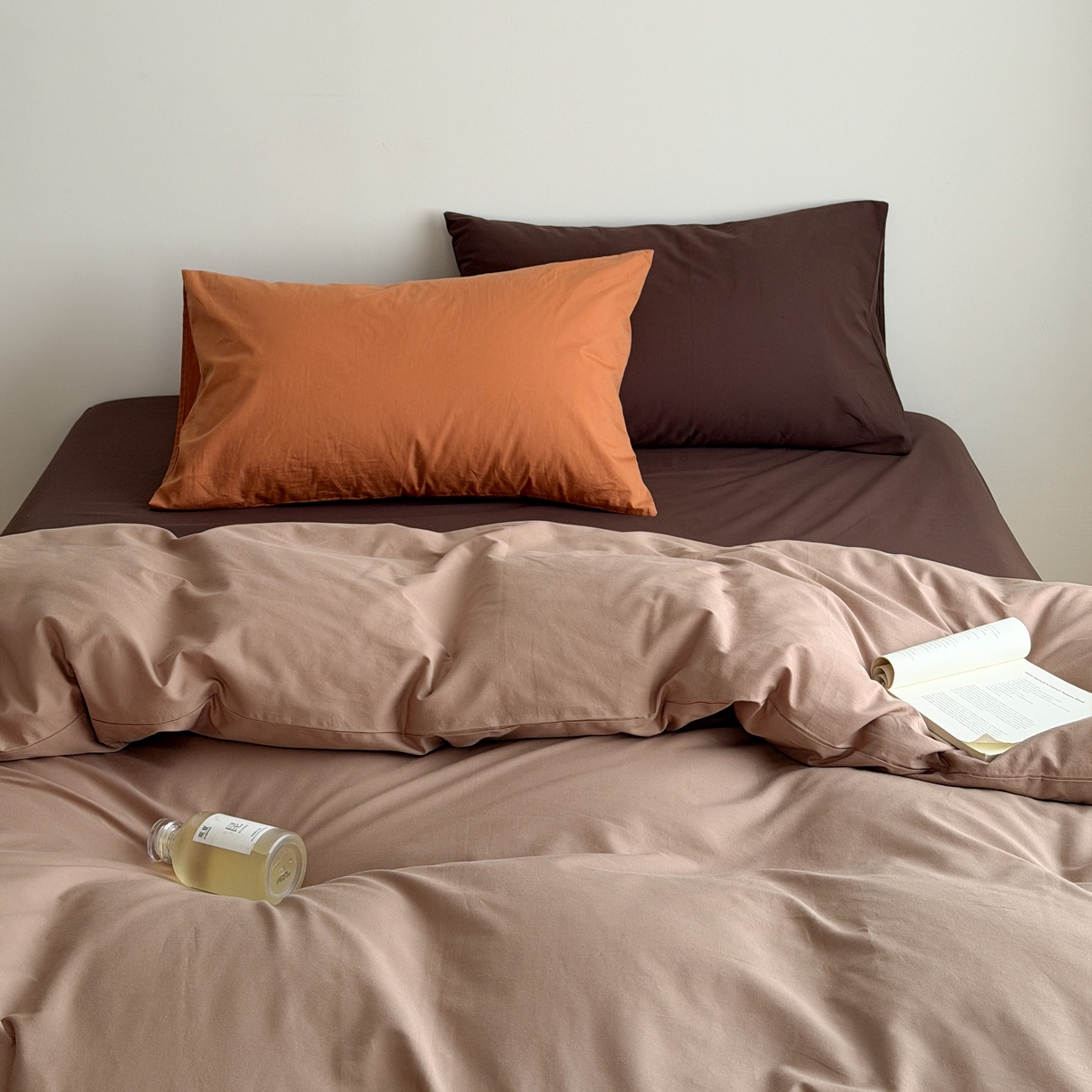 蜜宿 2026新款纯色混搭全棉纯棉40s水洗棉四件套 脏脏茶棕（枕套南瓜泥+可可棕）