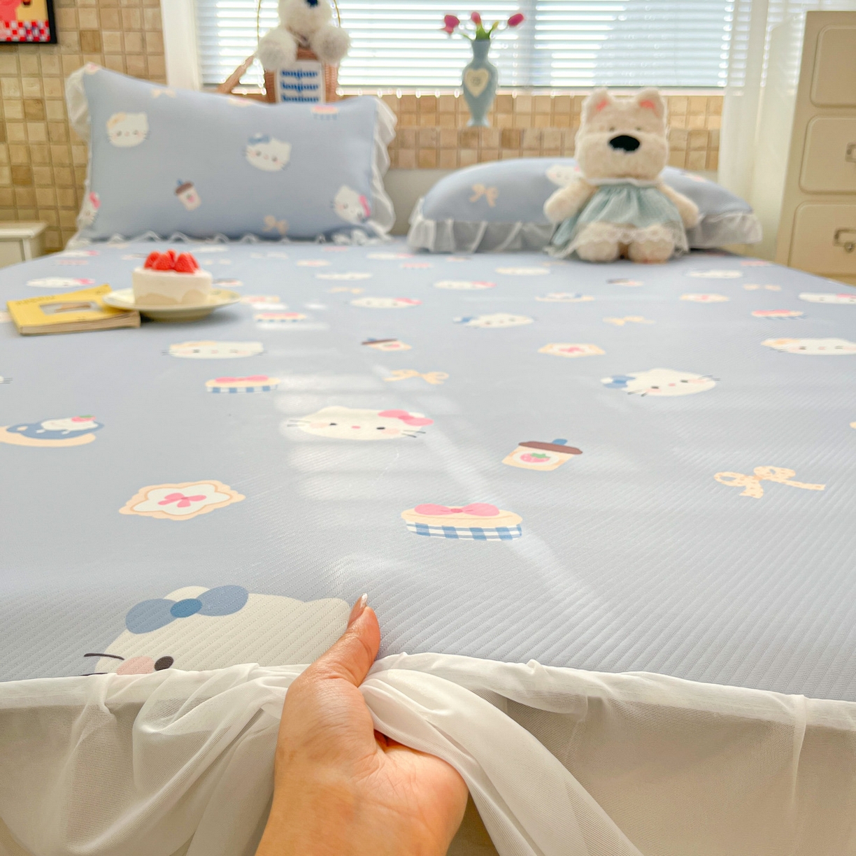 91家纺网 家纺一手货源 找家纺 川悦生活 2026新款雪纺冰丝床裙凉席三件套 床裙汽水小咪