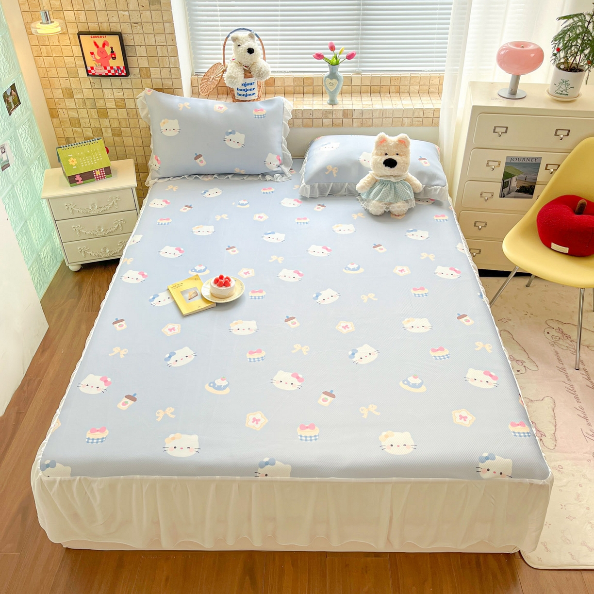 91家纺网 家纺一手货源 找家纺 川悦生活 2026新款雪纺冰丝床裙凉席三件套 床裙汽水小咪