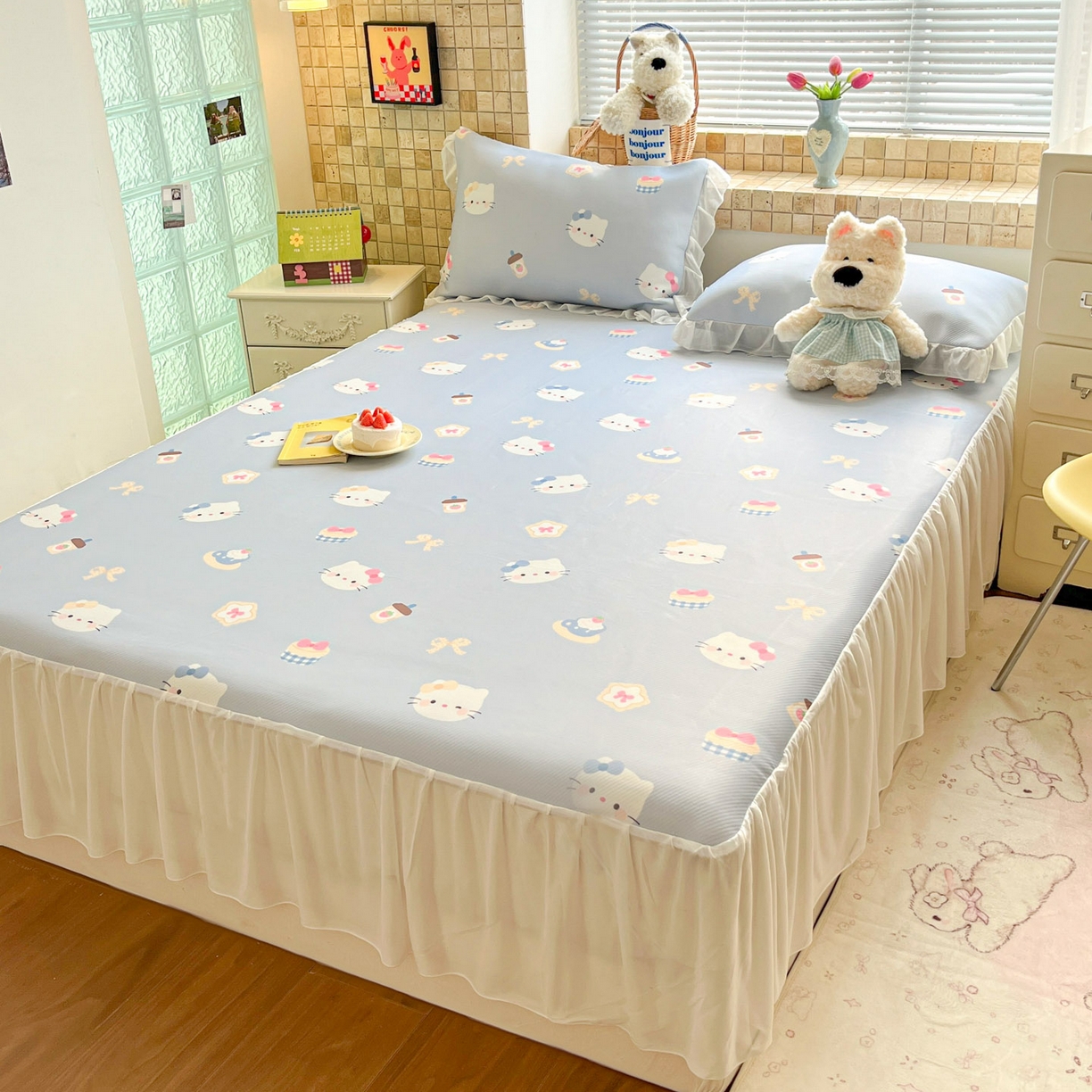 91家纺网 家纺一手货源 找家纺 川悦生活 2026新款雪纺冰丝床裙凉席三件套 床裙汽水小咪