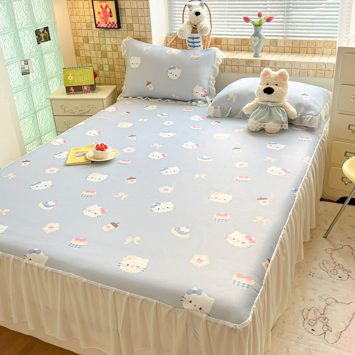 91家纺网 家纺一手货源 找家纺 川悦生活 2026新款雪纺冰丝床裙凉席三件套 床裙汽水小咪