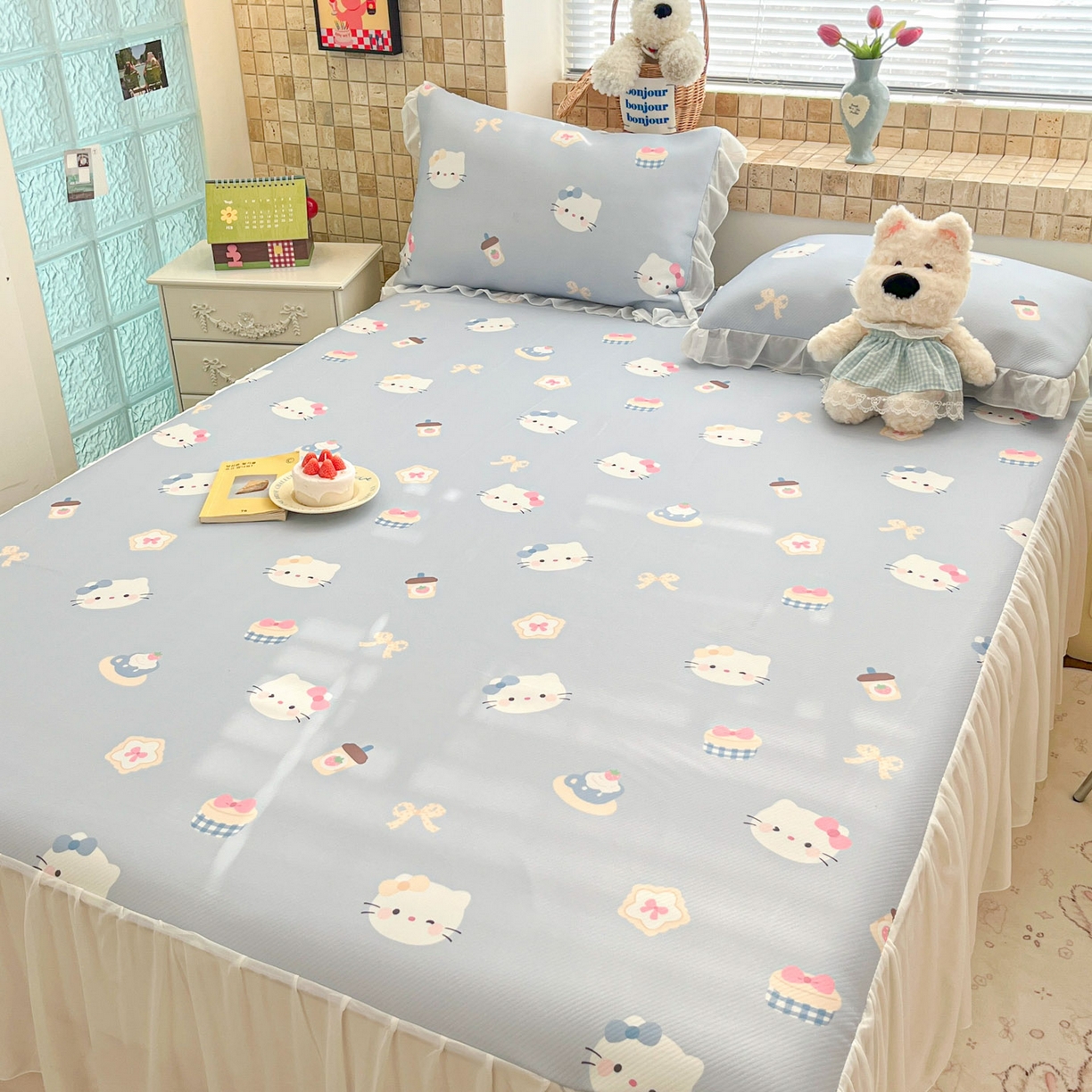 91家纺网 家纺一手货源 找家纺 川悦生活 2026新款雪纺冰丝床裙凉席三件套 床裙汽水小咪