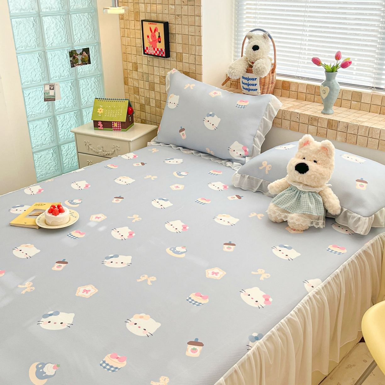 91家纺网 家纺一手货源 找家纺 川悦生活 2026新款雪纺冰丝床裙凉席三件套 床裙汽水小咪