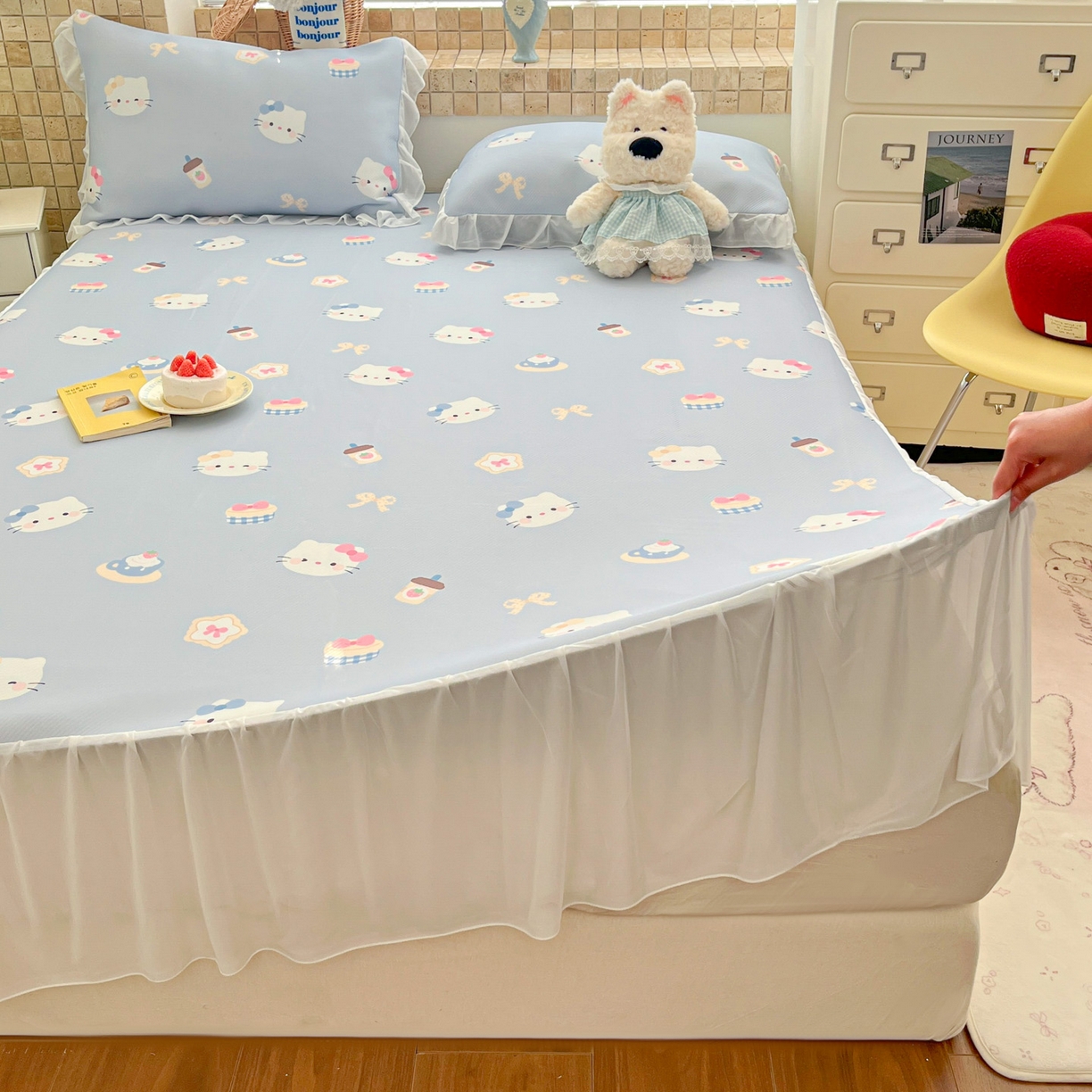 91家纺网 家纺一手货源 找家纺 川悦生活 2026新款雪纺冰丝床裙凉席三件套 床裙汽水小咪