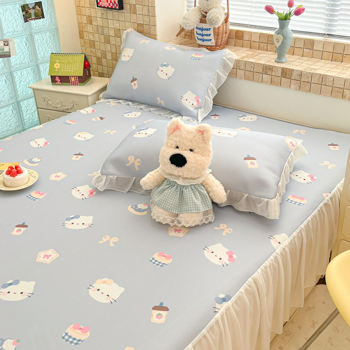 91家纺网 家纺一手货源 找家纺 川悦生活 2026新款雪纺冰丝床裙凉席三件套 床裙汽水小咪