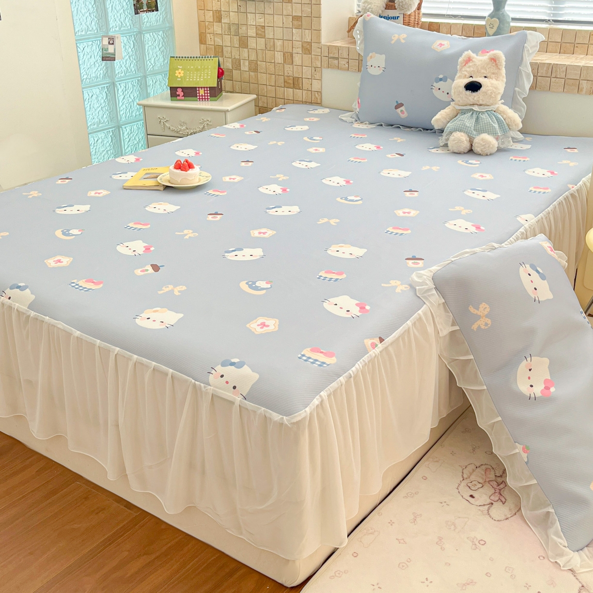 91家纺网 家纺一手货源 找家纺 川悦生活 2026新款雪纺冰丝床裙凉席三件套 床裙汽水小咪