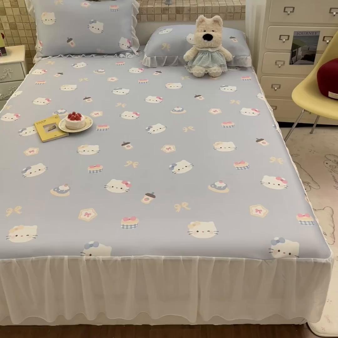 91家纺网 家纺一手货源 找家纺 川悦生活 2026新款雪纺冰丝床裙凉席三件套 床裙汽水小咪