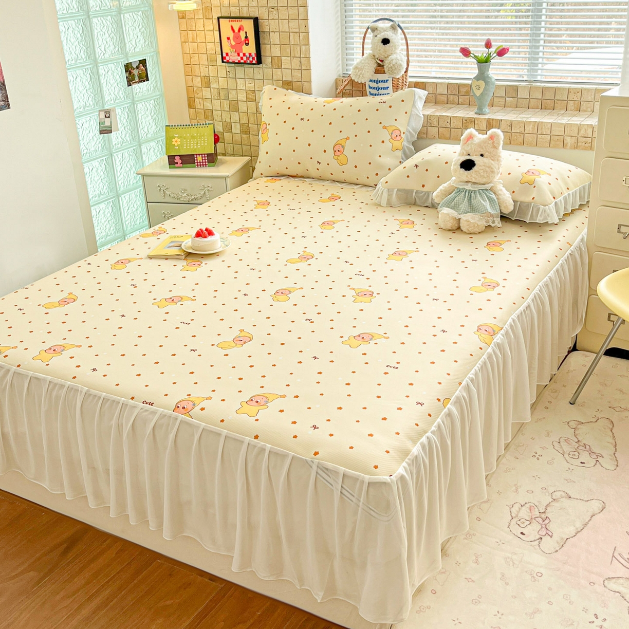 91家纺网 家纺一手货源 找家纺 川悦生活 2026新款雪纺冰丝床裙凉席三件套 床裙恰星星