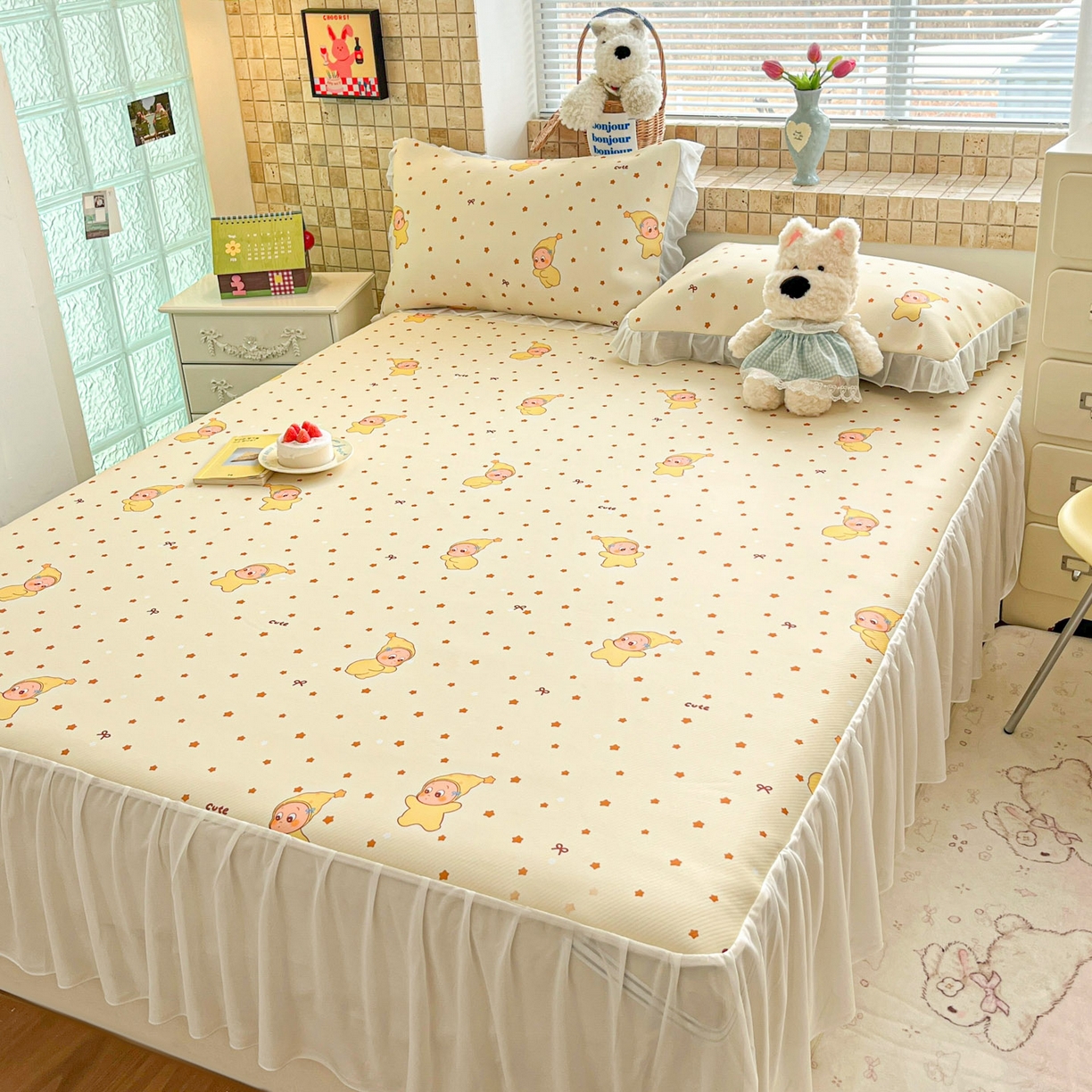 91家纺网 家纺一手货源 找家纺 川悦生活 2026新款雪纺冰丝床裙凉席三件套 床裙恰星星