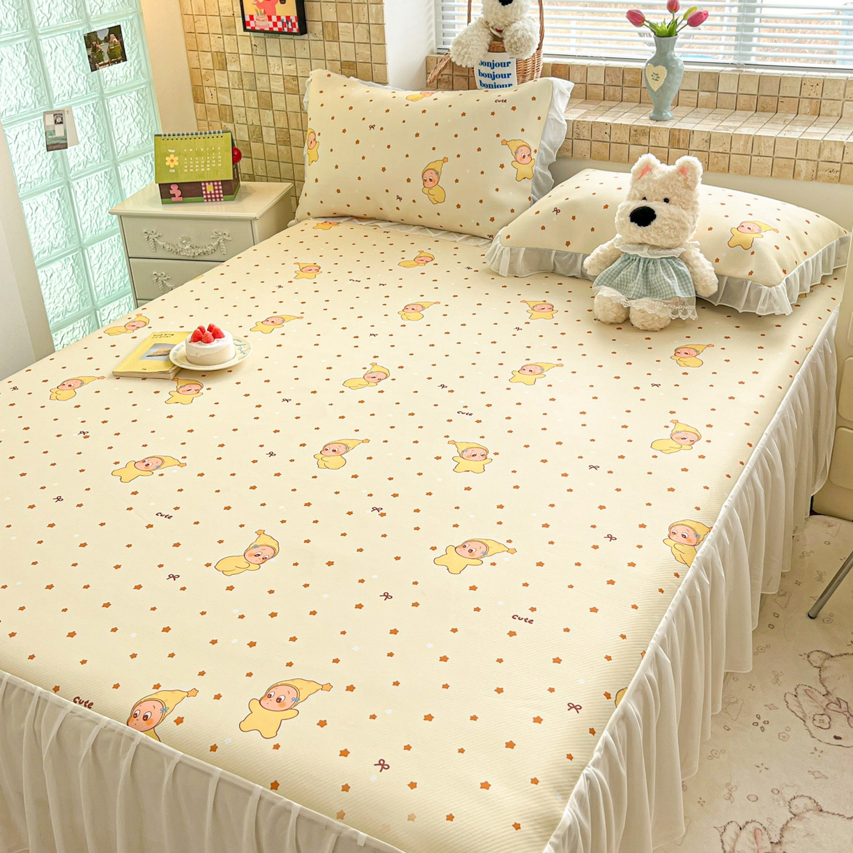 91家纺网 家纺一手货源 找家纺 川悦生活 2026新款雪纺冰丝床裙凉席三件套 床裙恰星星