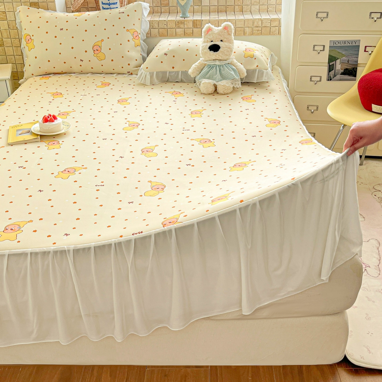 91家纺网 家纺一手货源 找家纺 川悦生活 2026新款雪纺冰丝床裙凉席三件套 床裙恰星星