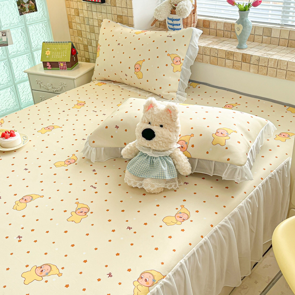 91家纺网 家纺一手货源 找家纺 川悦生活 2026新款雪纺冰丝床裙凉席三件套 床裙恰星星