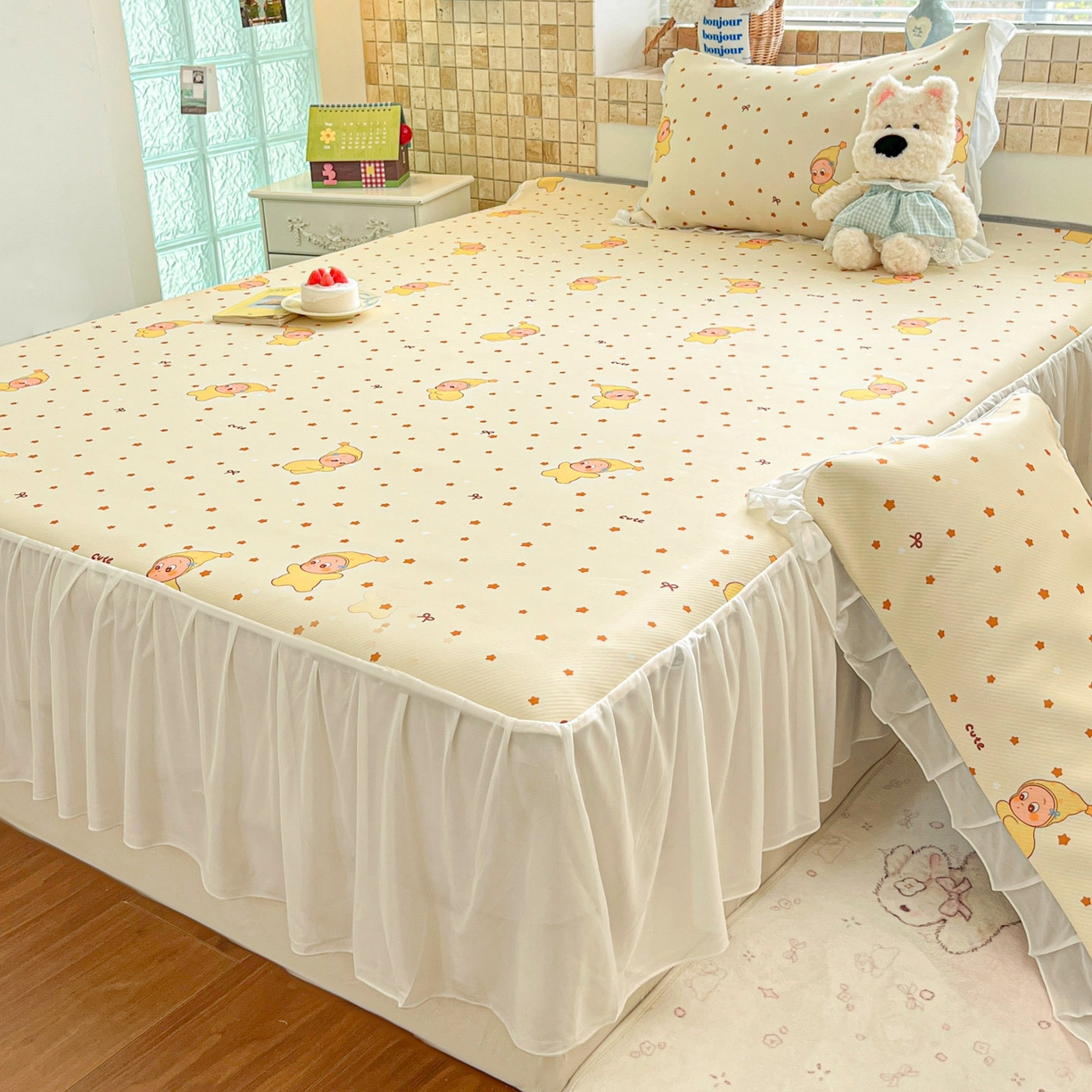 91家纺网 家纺一手货源 找家纺 川悦生活 2026新款雪纺冰丝床裙凉席三件套 床裙恰星星