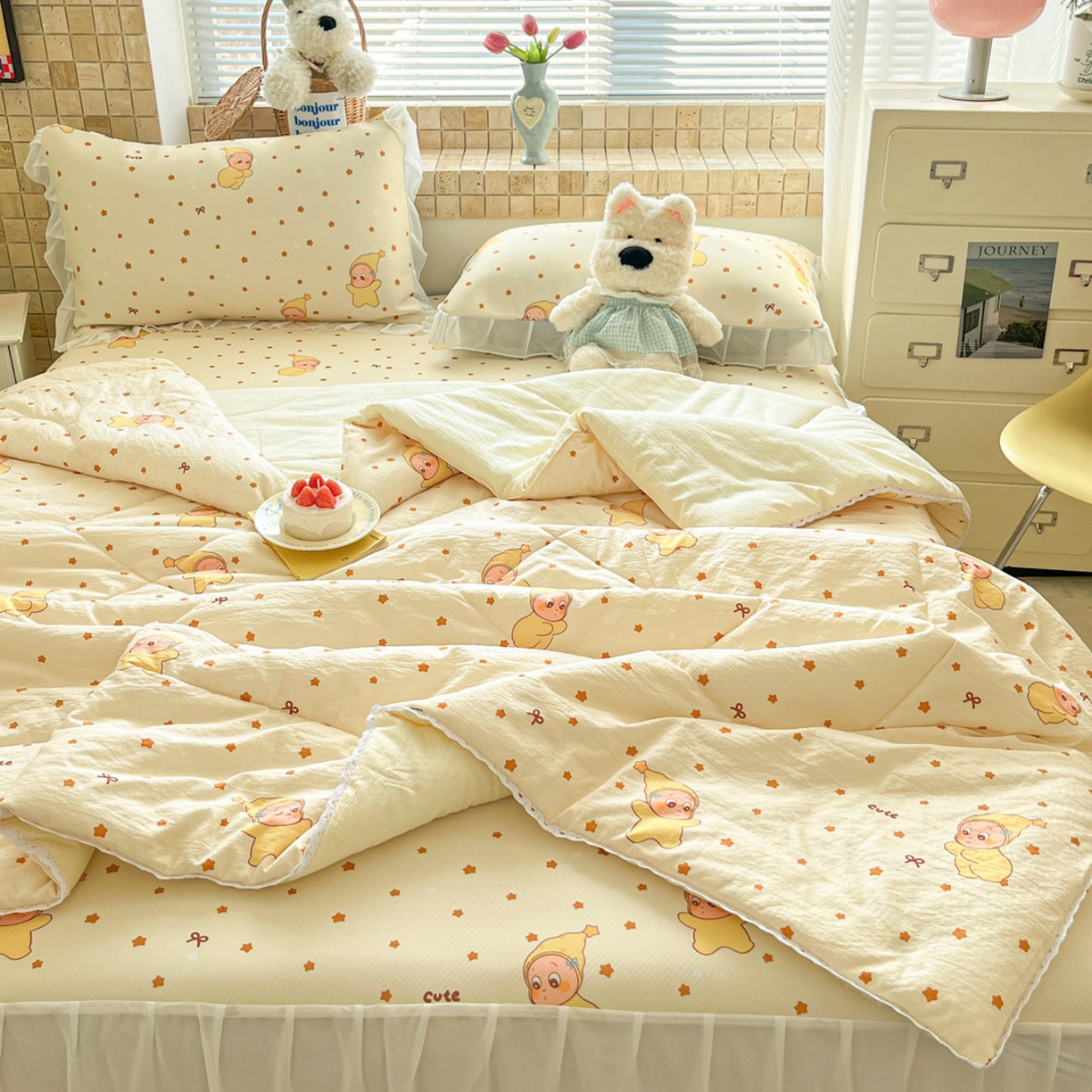 川悦生活 2026新款雪纺冰丝床裙凉席三件套 床裙恰星星