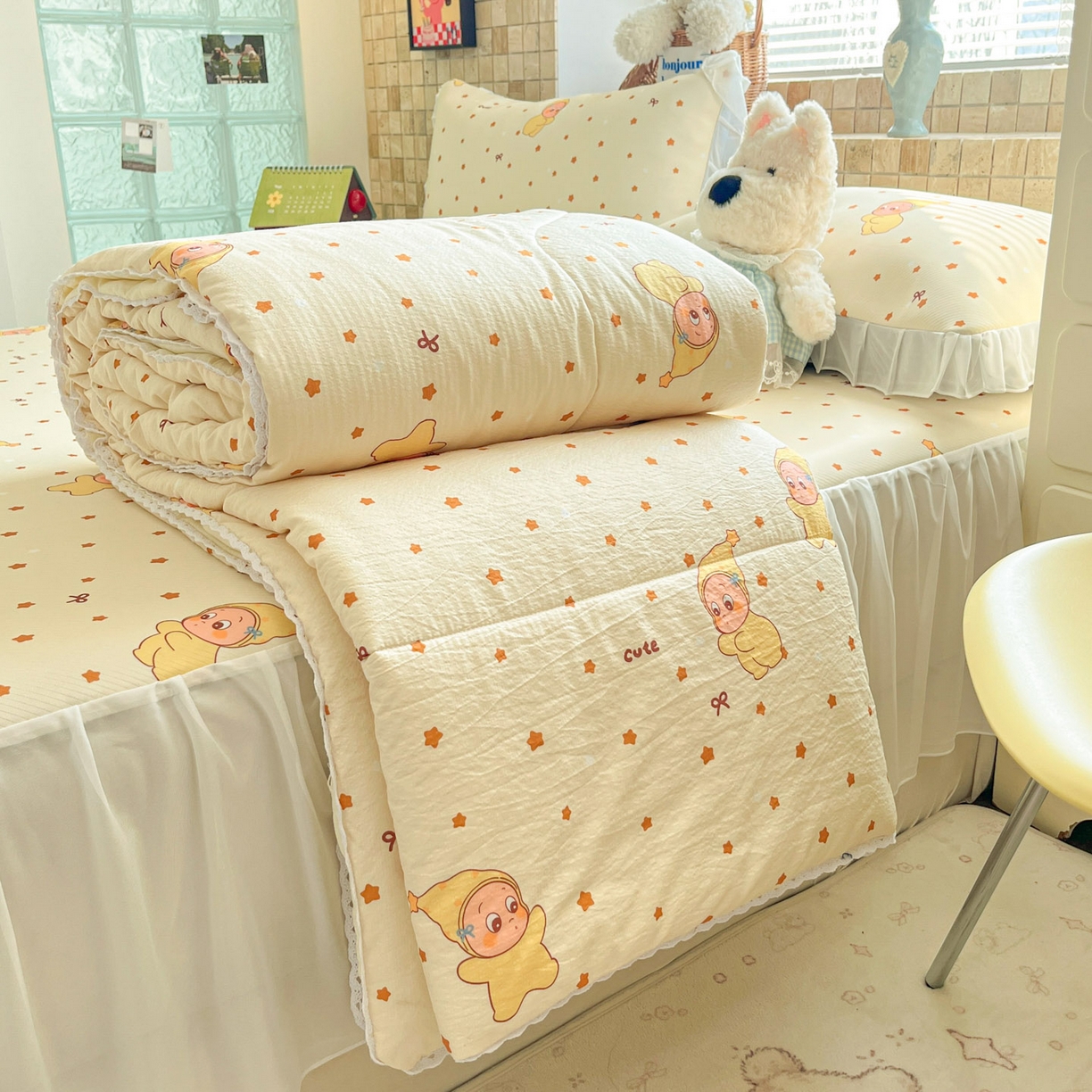 91家纺网 家纺一手货源 找家纺 川悦生活 2026新款雪纺冰丝床裙凉席三件套 床裙恰星星