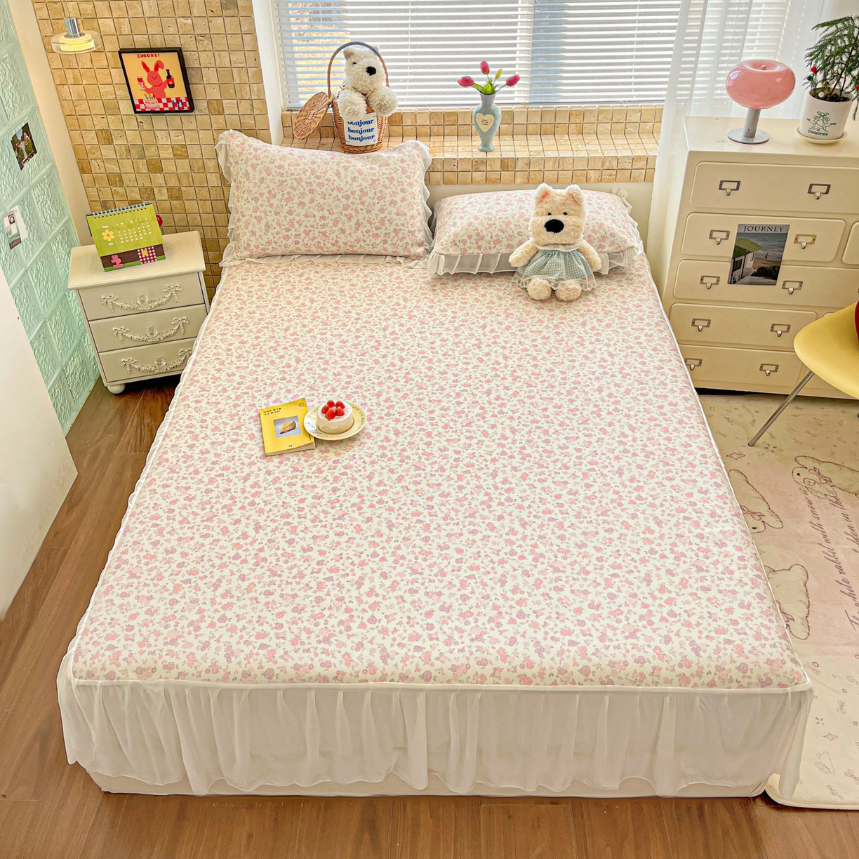 91家纺网 家纺一手货源 找家纺 川悦生活 2026新款雪纺冰丝床裙凉席三件套 床裙清新花芋