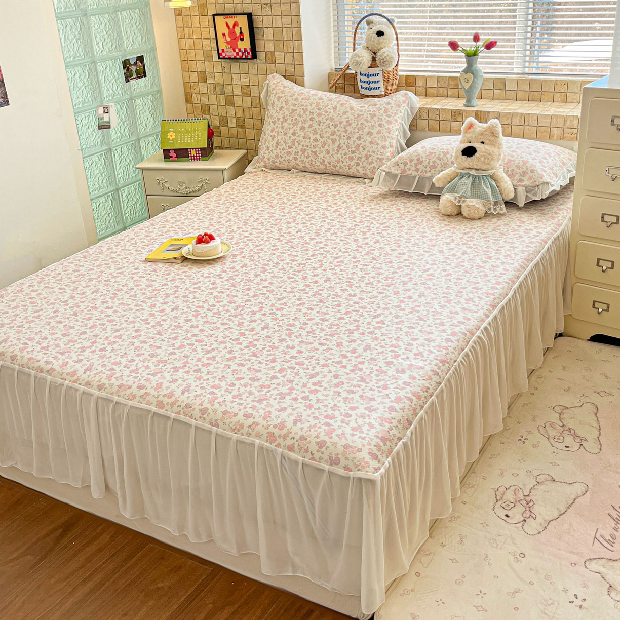 91家纺网 家纺一手货源 找家纺 川悦生活 2026新款雪纺冰丝床裙凉席三件套 床裙清新花芋