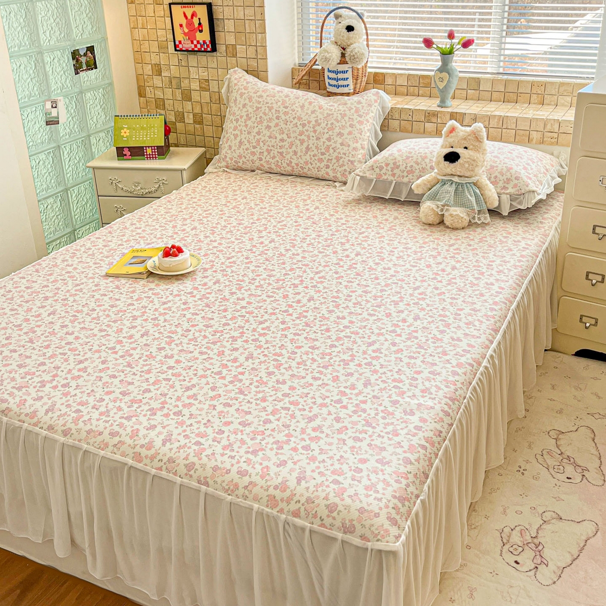 91家纺网 家纺一手货源 找家纺 川悦生活 2026新款雪纺冰丝床裙凉席三件套 床裙清新花芋