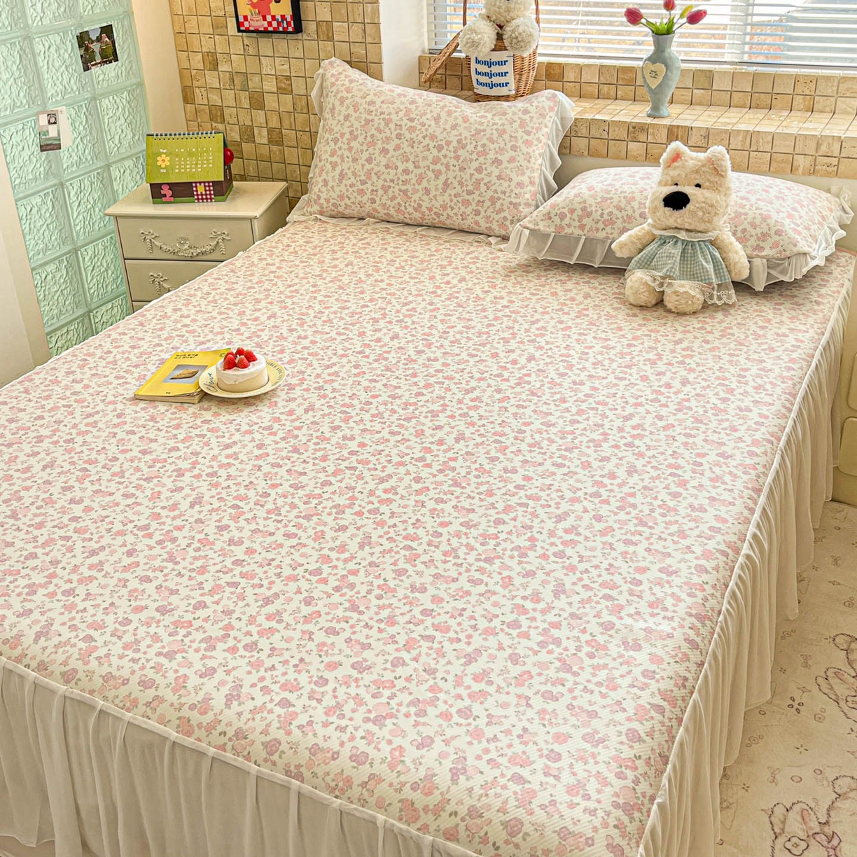 91家纺网 家纺一手货源 找家纺 川悦生活 2026新款雪纺冰丝床裙凉席三件套 床裙清新花芋