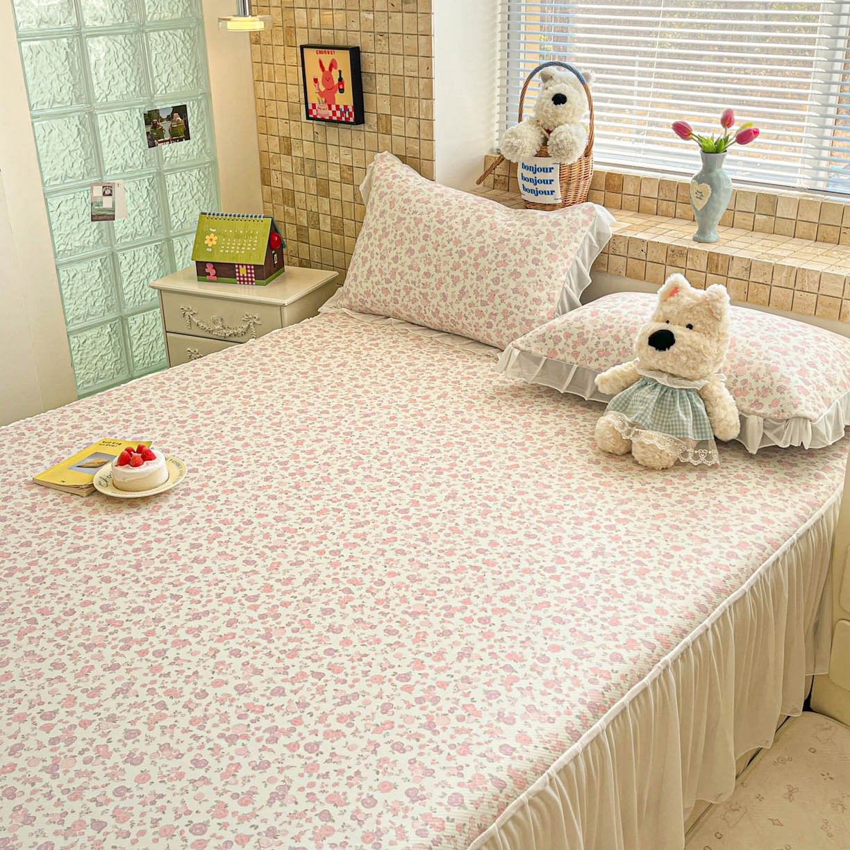 91家纺网 家纺一手货源 找家纺 川悦生活 2026新款雪纺冰丝床裙凉席三件套 床裙清新花芋