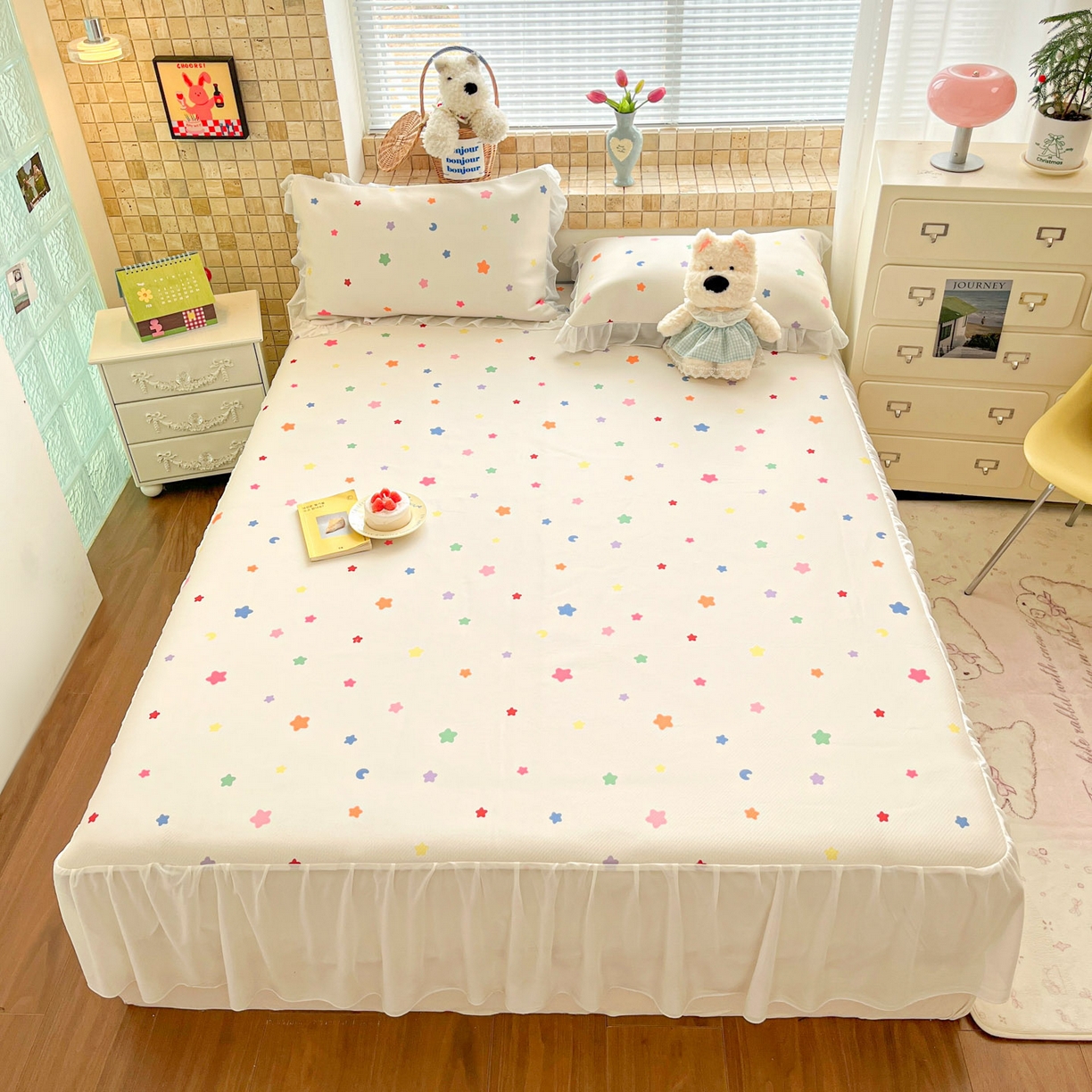 91家纺网 家纺一手货源 找家纺 川悦生活 2026新款雪纺冰丝床裙凉席三件套 床裙晴天星星