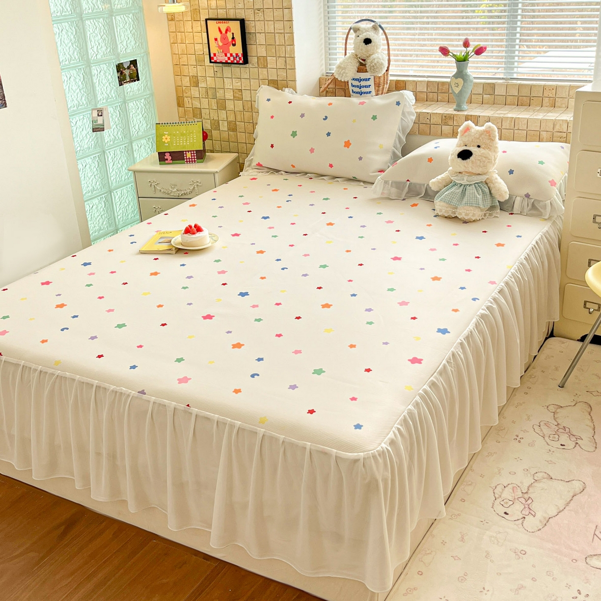 91家纺网 家纺一手货源 找家纺 川悦生活 2026新款雪纺冰丝床裙凉席三件套 床裙晴天星星