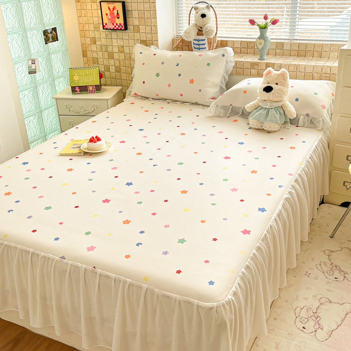 91家纺网 家纺一手货源 找家纺 川悦生活 2026新款雪纺冰丝床裙凉席三件套 床裙晴天星星