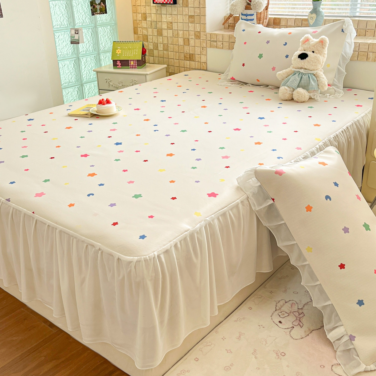 91家纺网 家纺一手货源 找家纺 川悦生活 2026新款雪纺冰丝床裙凉席三件套 床裙晴天星星