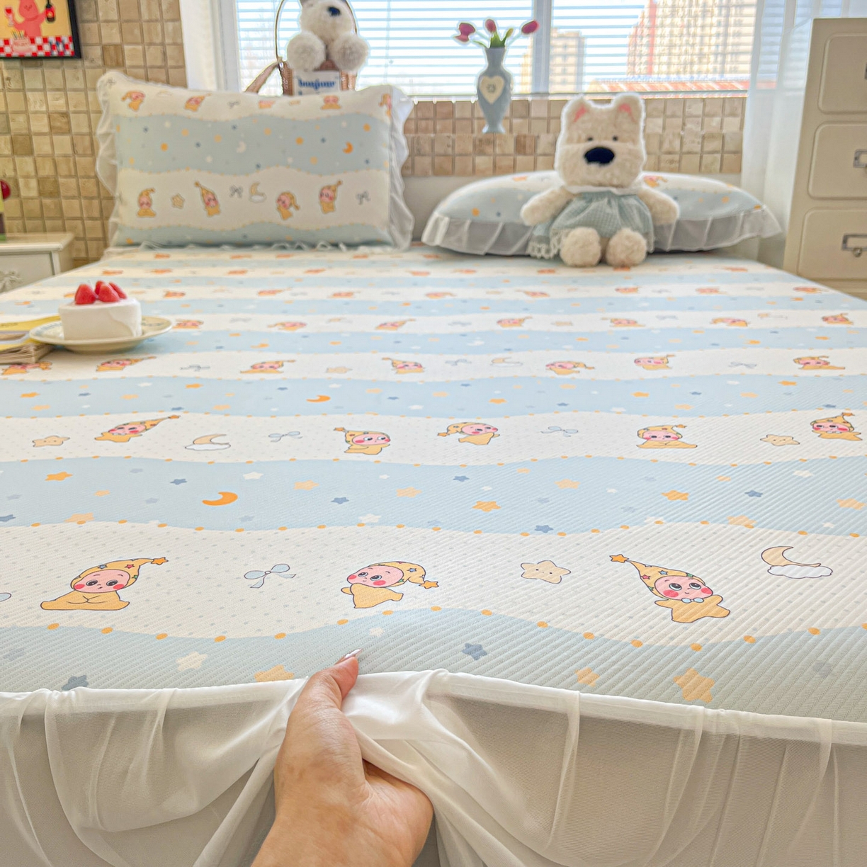 91家纺网 家纺一手货源 找家纺 川悦生活 2026新款雪纺冰丝床裙凉席三件套 床裙数星星