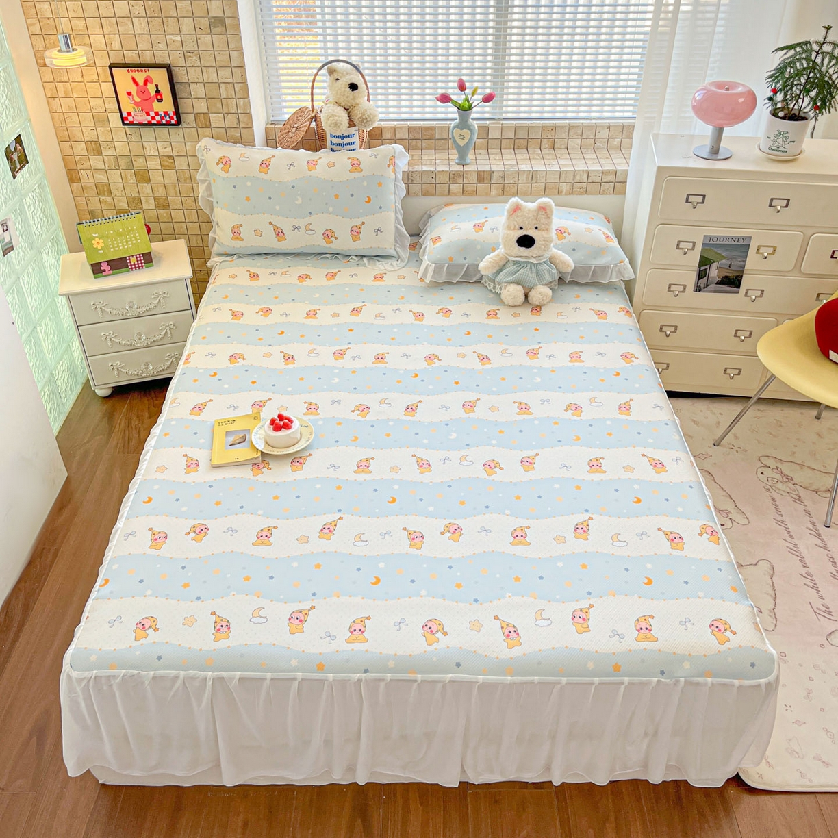 91家纺网 家纺一手货源 找家纺 川悦生活 2026新款雪纺冰丝床裙凉席三件套 床裙数星星