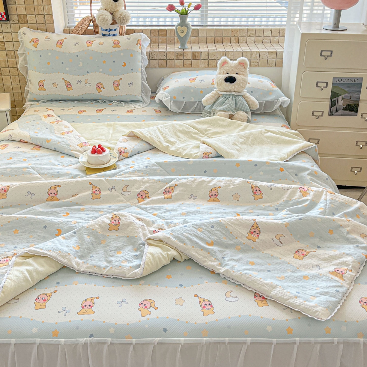 川悦生活 2026新款雪纺冰丝床裙凉席三件套 床裙数星星