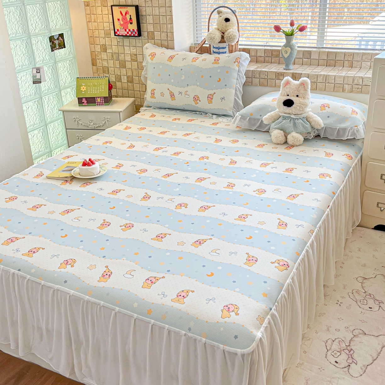 91家纺网 家纺一手货源 找家纺 川悦生活 2026新款雪纺冰丝床裙凉席三件套 床裙数星星