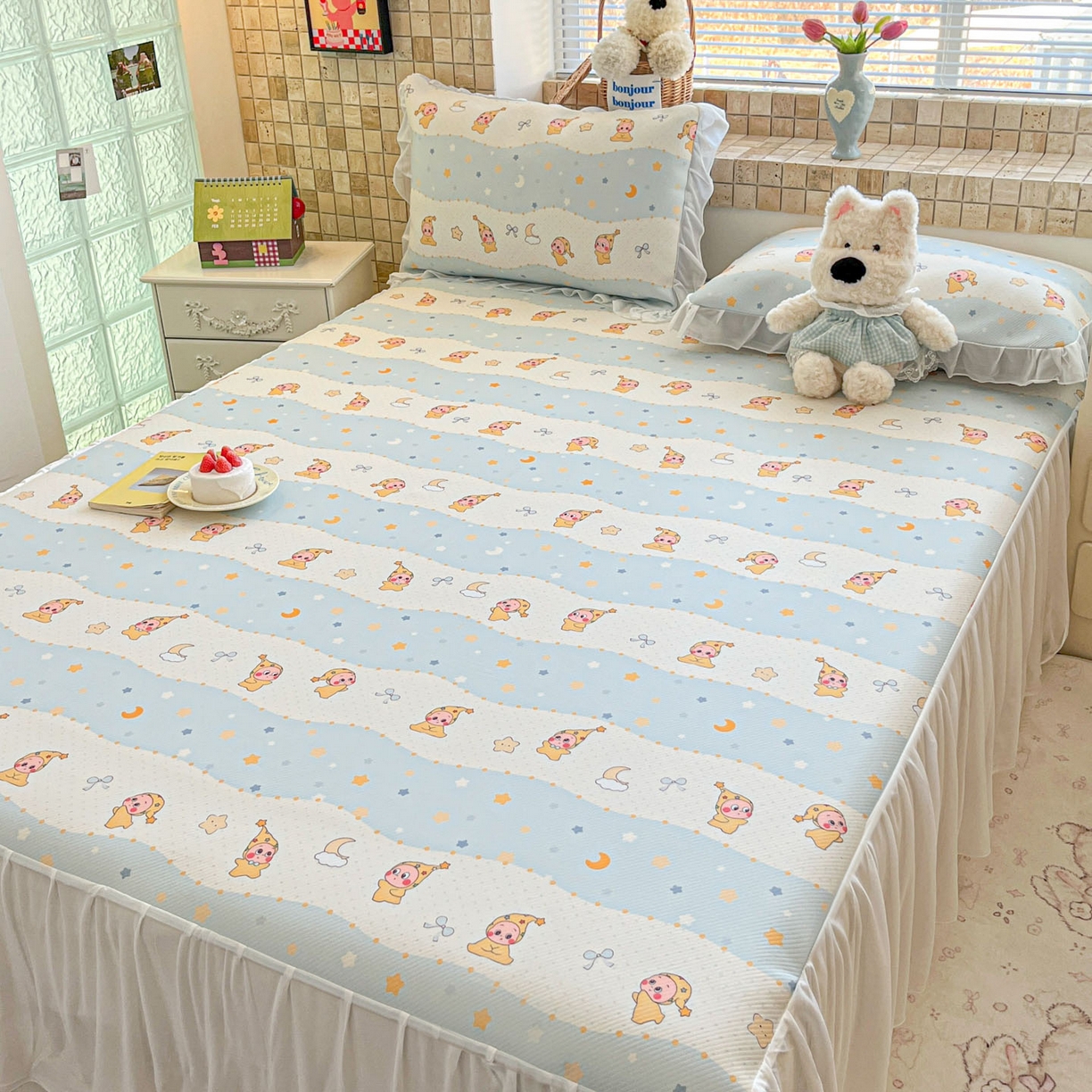 91家纺网 家纺一手货源 找家纺 川悦生活 2026新款雪纺冰丝床裙凉席三件套 床裙数星星