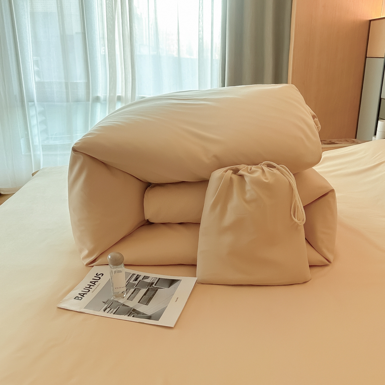 91家纺网 家纺一手货源 找家纺 柒星睡袋 2026新款分体式隔脏套件纯色系列 分体式 驼黄