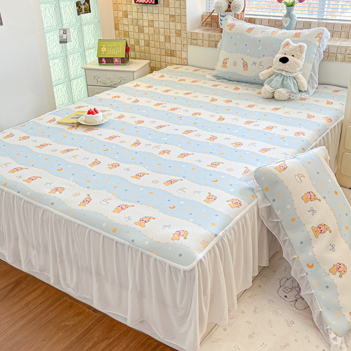 91家纺网 家纺一手货源 找家纺 川悦生活 2026新款雪纺冰丝床裙凉席三件套 床裙数星星