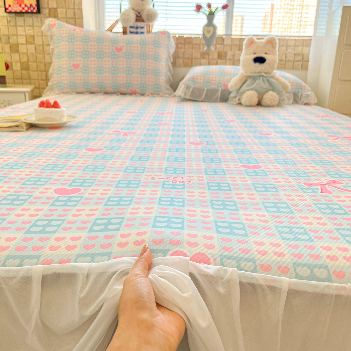 91家纺网 家纺一手货源 找家纺 川悦生活 2026新款雪纺冰丝床裙凉席三件套 床裙甜梦心愿