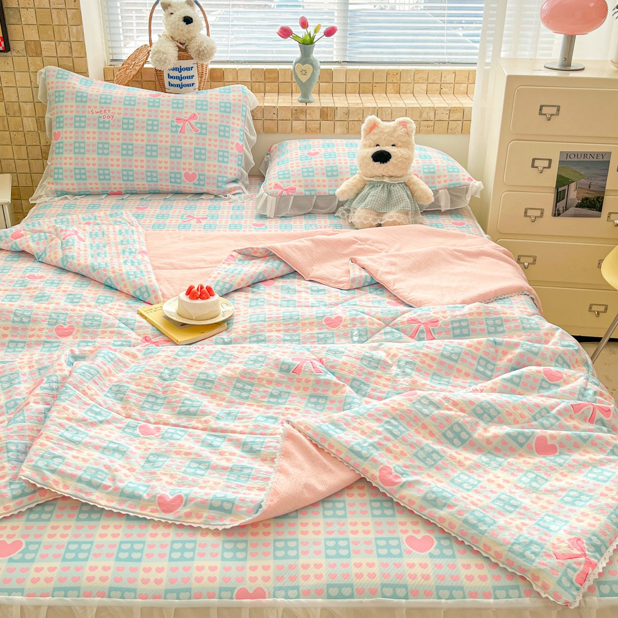 川悦生活 2026新款雪纺冰丝床裙凉席三件套 床裙甜梦心愿