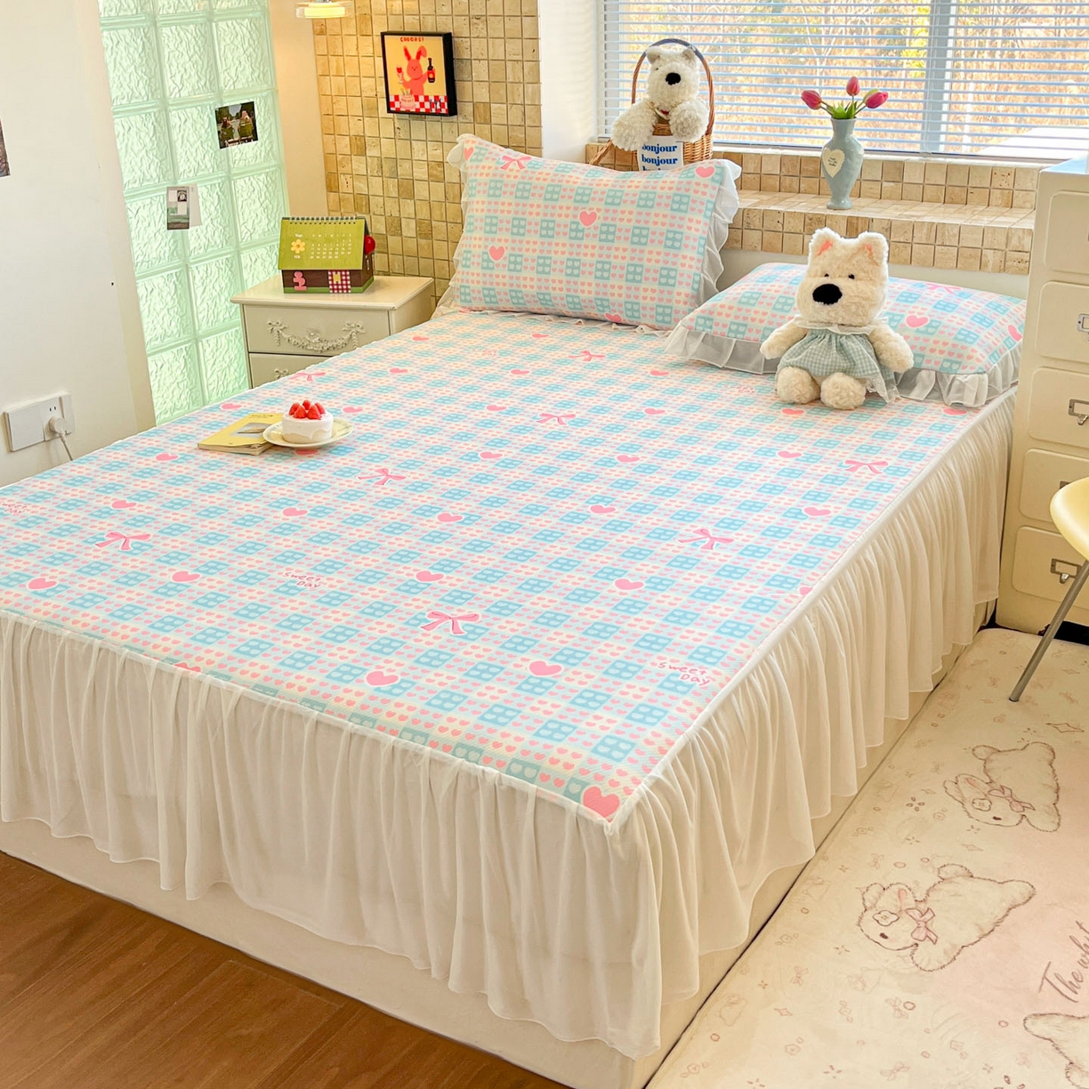 91家纺网 家纺一手货源 找家纺 川悦生活 2026新款雪纺冰丝床裙凉席三件套 床裙甜梦心愿