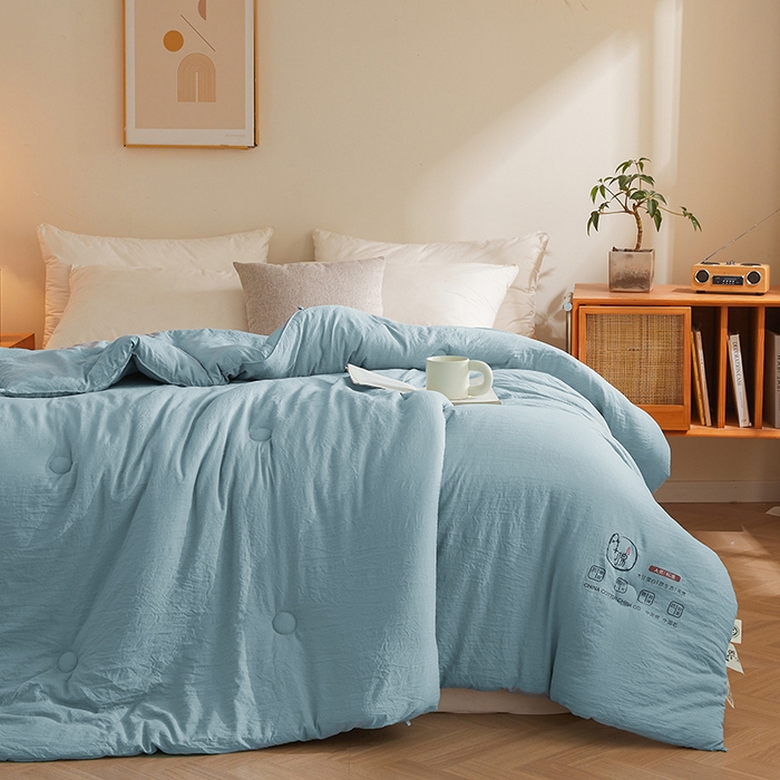 91家纺网 家纺一手货源 找家纺 锦尚坊被芯馆 2026年新款双层纱大豆被柔软针织棉夏被冬被春秋被子空调被芯 蓝灰色