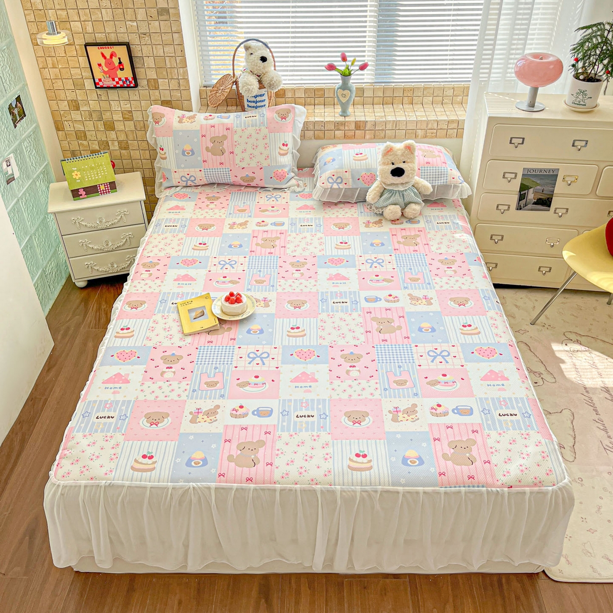 91家纺网 家纺一手货源 找家纺 川悦生活 2026新款雪纺冰丝床裙凉席三件套 床裙甜蜜可乐