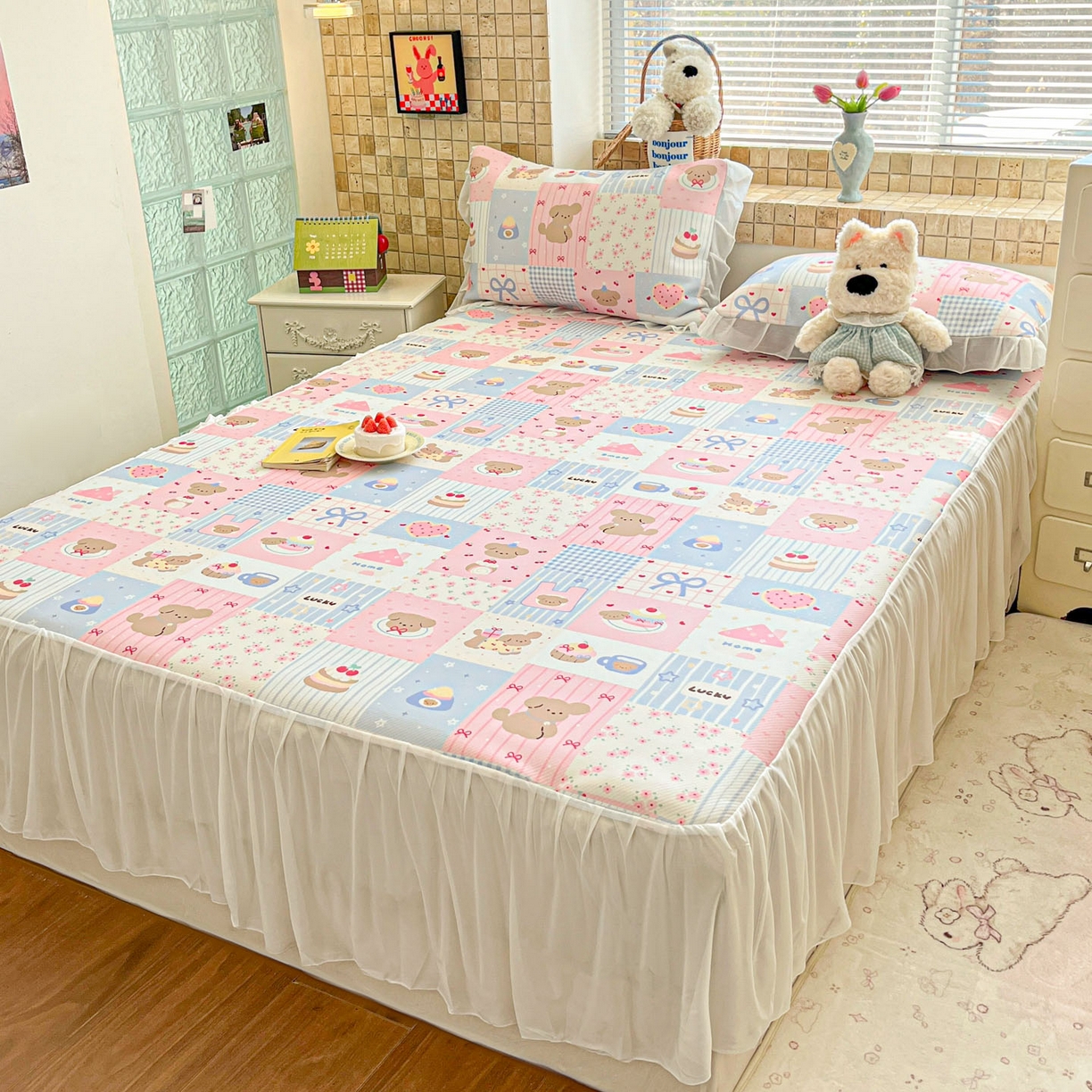 91家纺网 家纺一手货源 找家纺 川悦生活 2026新款雪纺冰丝床裙凉席三件套 床裙甜蜜可乐