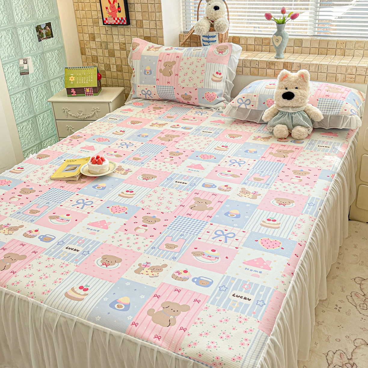 91家纺网 家纺一手货源 找家纺 川悦生活 2026新款雪纺冰丝床裙凉席三件套 床裙甜蜜可乐