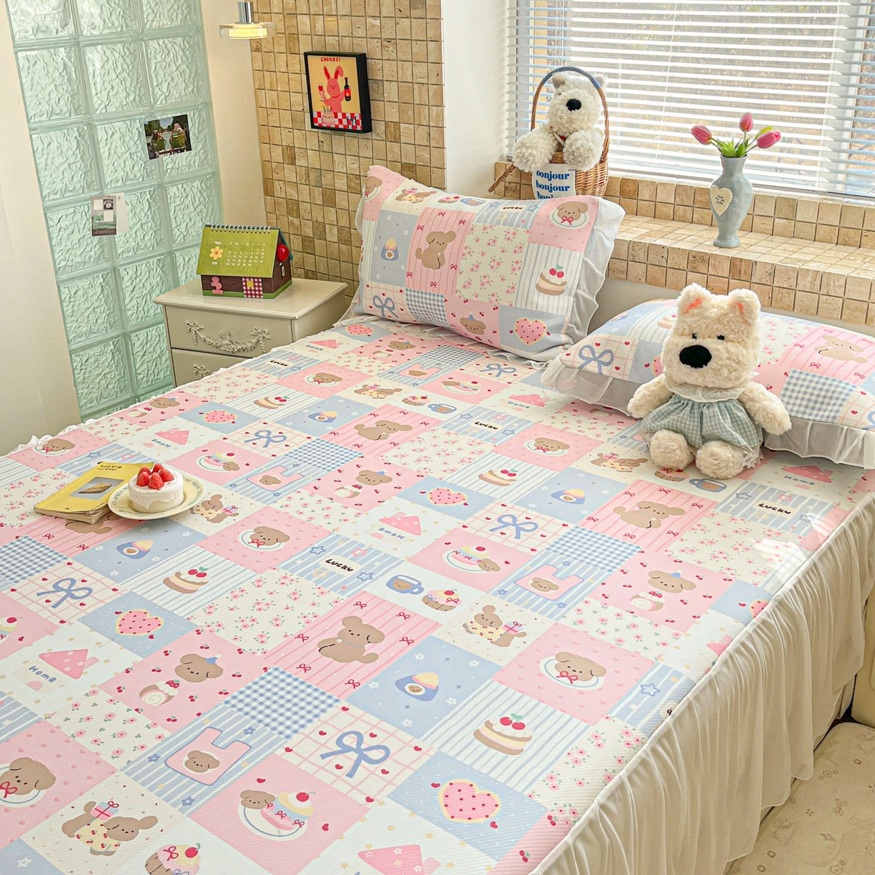 91家纺网 家纺一手货源 找家纺 川悦生活 2026新款雪纺冰丝床裙凉席三件套 床裙甜蜜可乐