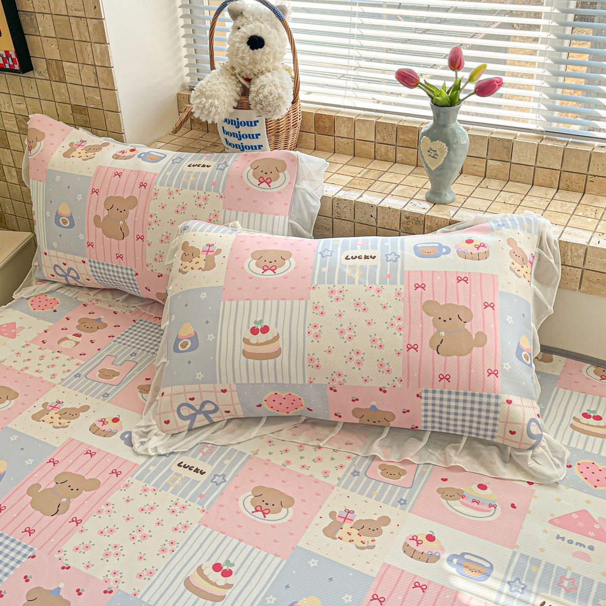 91家纺网 家纺一手货源 找家纺 川悦生活 2026新款雪纺冰丝床裙凉席三件套 床裙甜蜜可乐