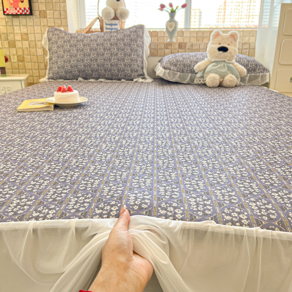 91家纺网 家纺一手货源 找家纺 川悦生活 2026新款雪纺冰丝床裙凉席三件套 床裙西斯花圃