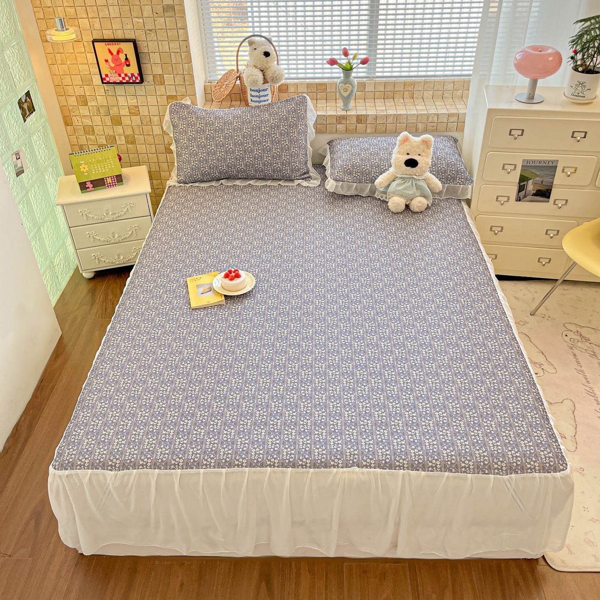 91家纺网 家纺一手货源 找家纺 川悦生活 2026新款雪纺冰丝床裙凉席三件套 床裙西斯花圃