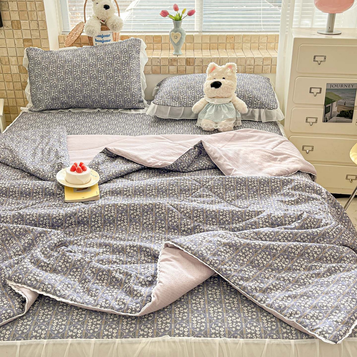 川悦生活 2026新款雪纺冰丝床裙凉席三件套 床裙西斯花圃