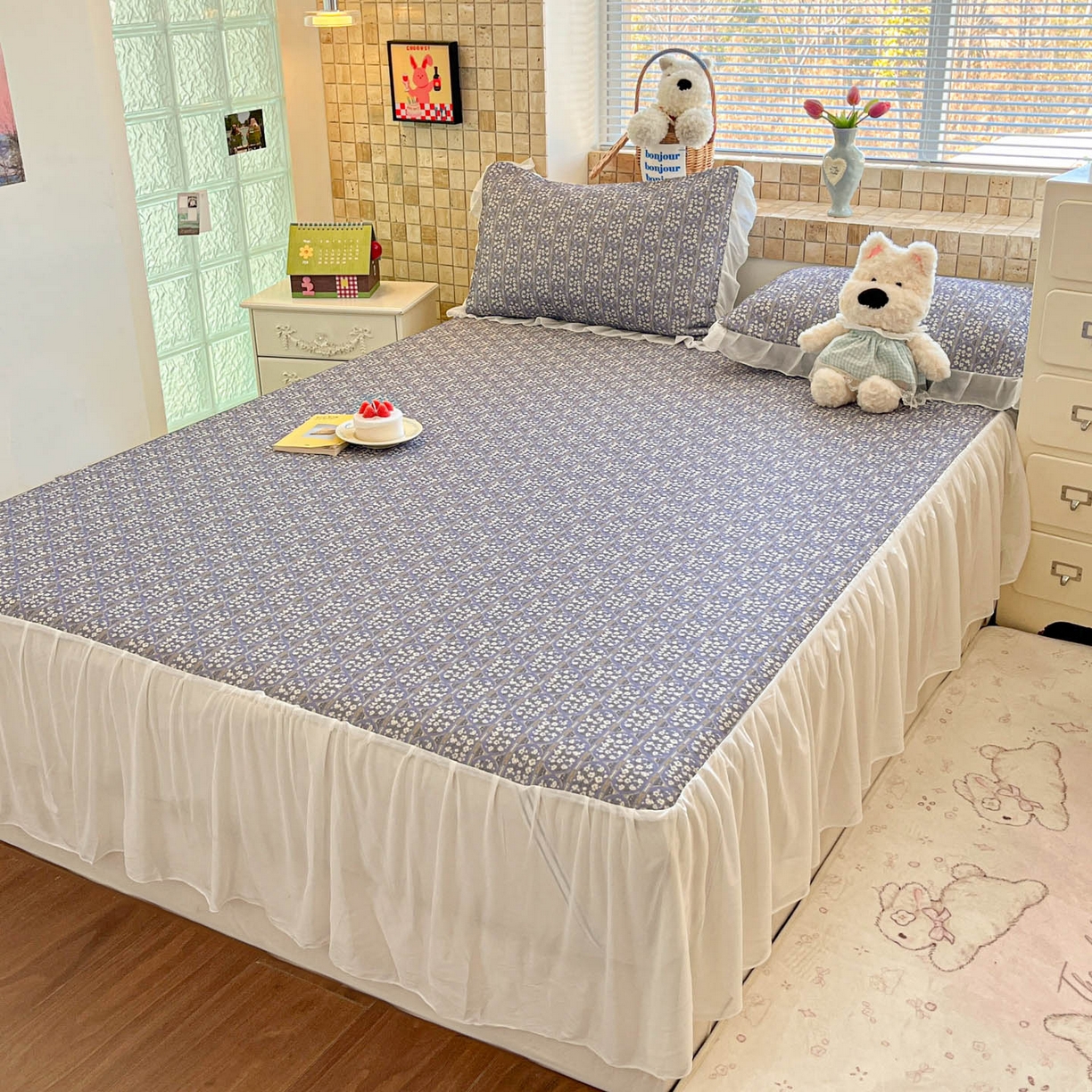 91家纺网 家纺一手货源 找家纺 川悦生活 2026新款雪纺冰丝床裙凉席三件套 床裙西斯花圃