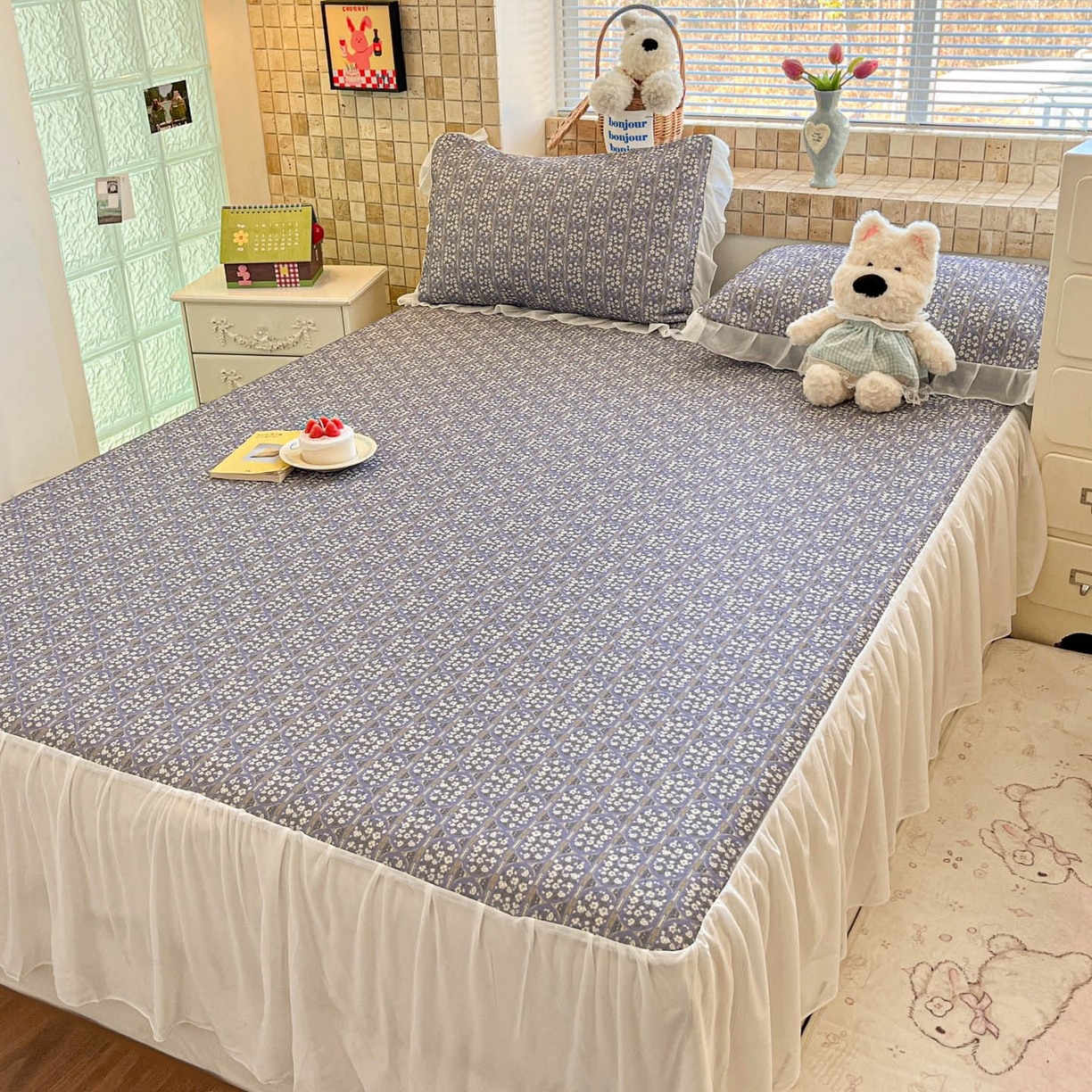 91家纺网 家纺一手货源 找家纺 川悦生活 2026新款雪纺冰丝床裙凉席三件套 床裙西斯花圃